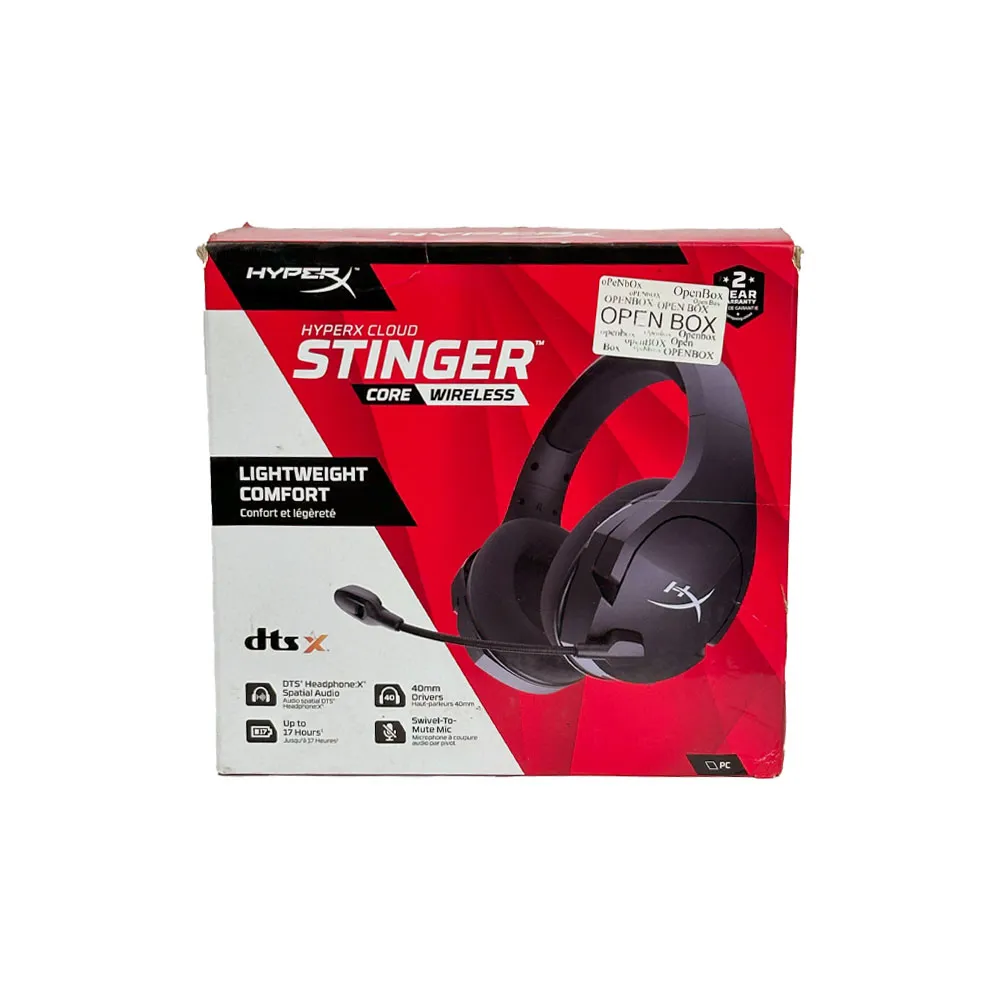 HyperX Cloud Stinger Core – Wireless Lightweight Gaming Headset,7.1 Surround, 17hr Battery, Over Ear Control, 2.4Ghz, DTS Headphone:X spatial audio, Noise Cancelling Microphone, For PC, Black - Open Box