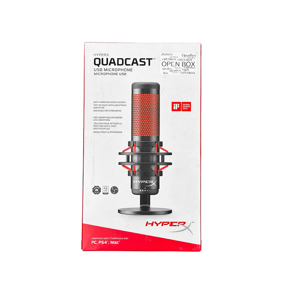 HyperX QuadCast - USB Condenser Gaming Microphone, for PC, PS4, PS5 and Mac, Anti-Vibration Shock Mount, Red LED - OPEN BOX