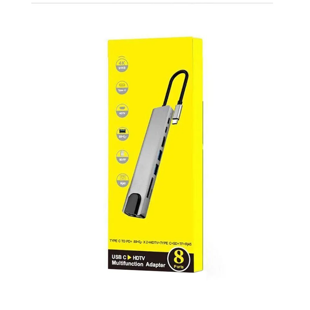 8 In 1 USB C Hub Type C 3.1 To 4K HD Adapter with RJ45 SD/TF Card Reader PD Fast Charge for MacBook Notebook Laptop Computer
