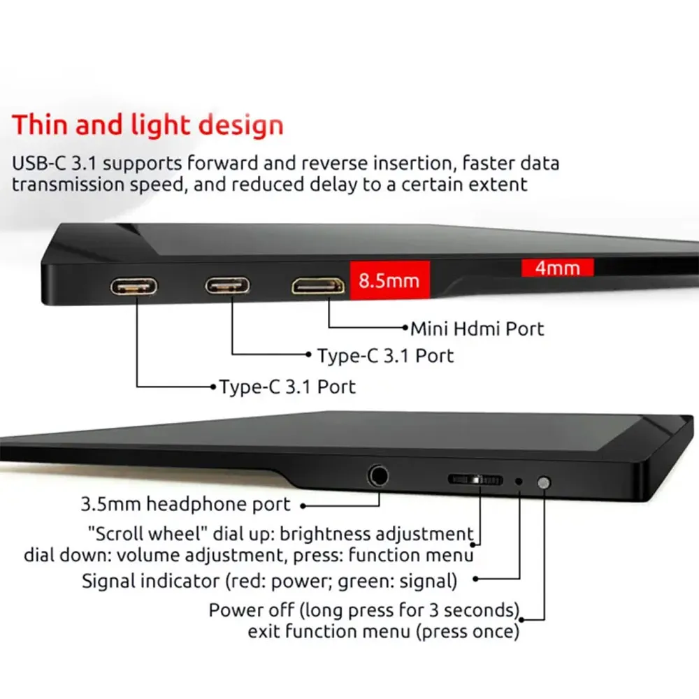 Portable Monitor, 15.6" FHD 1920x1080, USBC & HDMI, Ultra-Slim IPS Display
