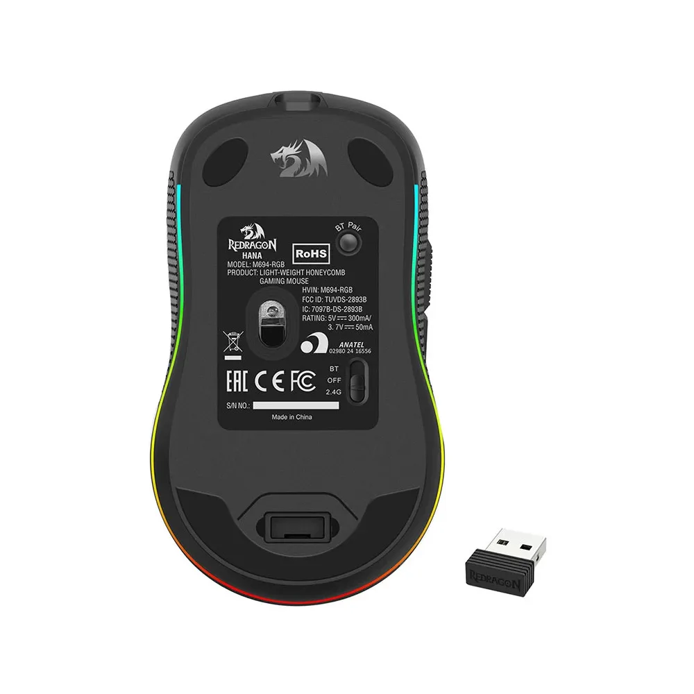 Redragon M694 Hana Wireless Gaming Mouse with Honeycomb Shell, 7200DPI Tri-Mode Wireless, RGB, 7 Programmable Buttons, 80 hours Battery Life - Black