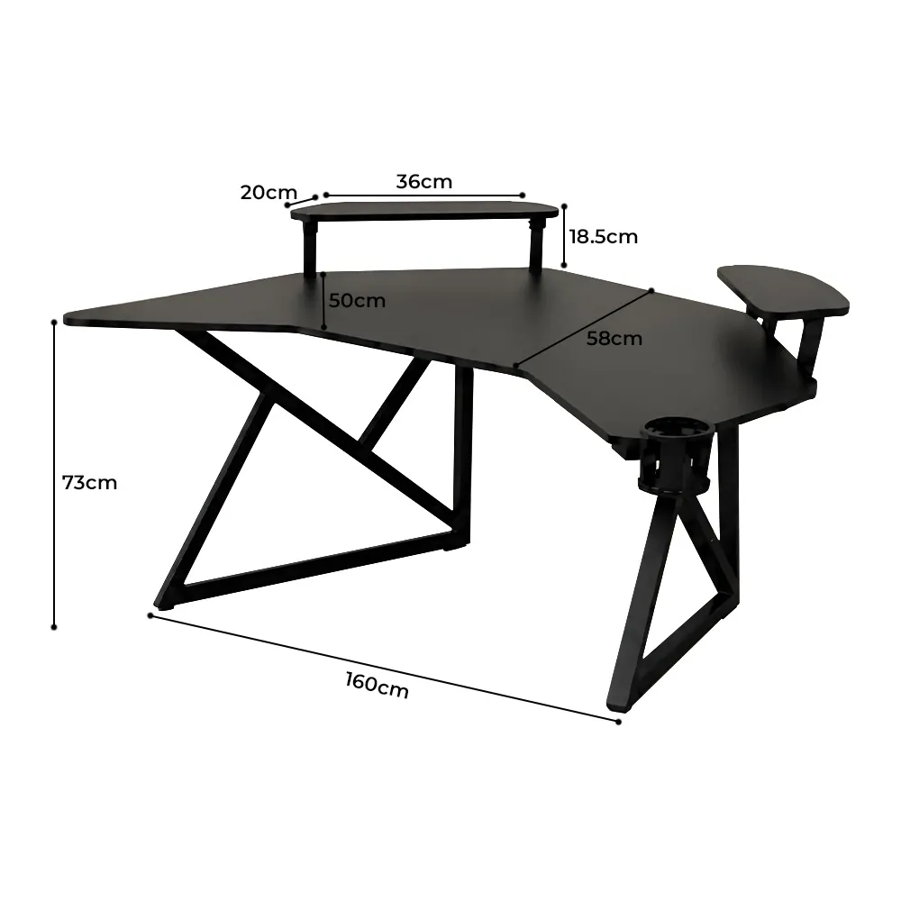 Gaming Desk GD-Black-WW-160 - With 2 Top Shelves on Sides