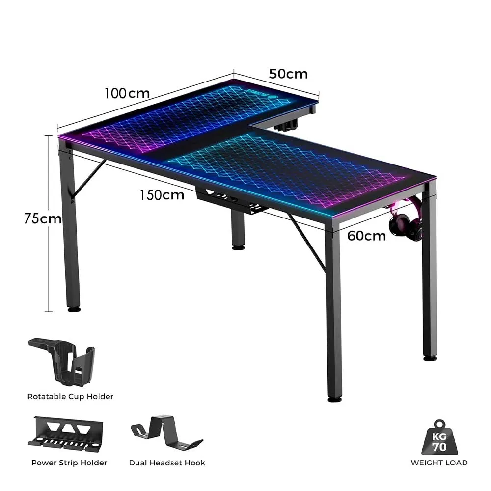 EUREKA L Gaming Desk Glass RGB ERK-GD-L60R-B-V1-UK (150 * 100 * 75cm)