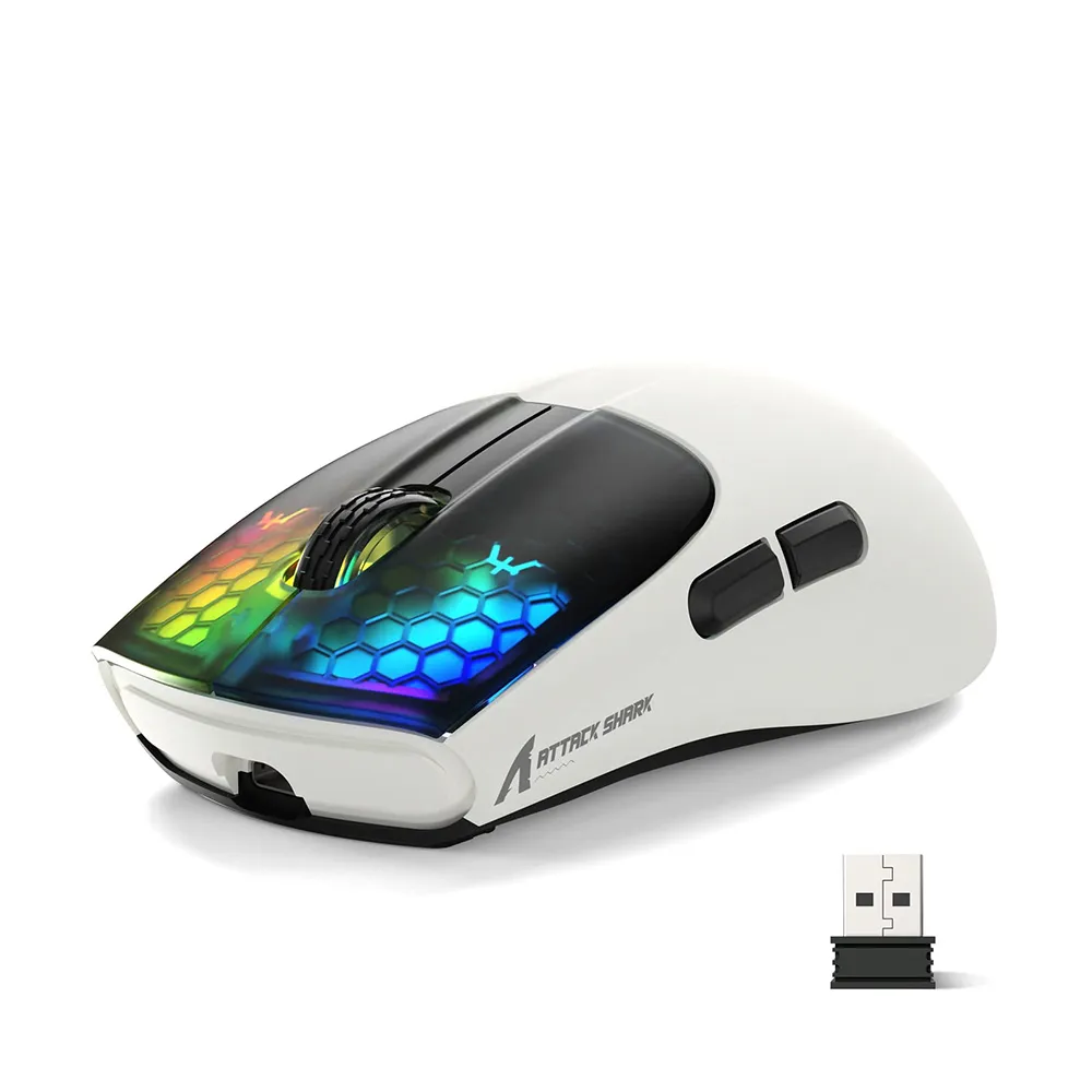 ATTACK SHARK X5 Wireless Gaming Mouse with Tri-Modes BT 5.1/2.4Ghz/USB-C, Lightweight 49g, Rechargeable Battery,RGB LED Honeycomb - White