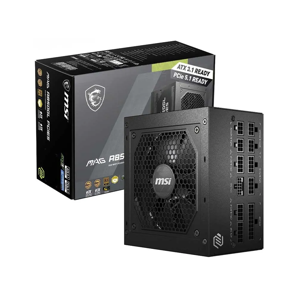 MSI MAG A850GL PCIE5 850W Modular Power Supply, Intel ATX12V 3.0, 120mm Cooling Fan, 80 Plus Gold