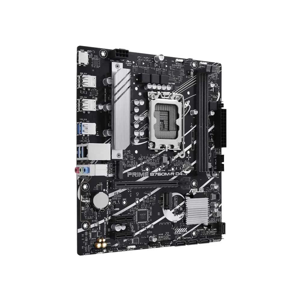 ASUS PRIME B760M-R D4, Intel® B760 LGA 1700 micro-ATX motherboard with PCIe 4.0, two PCIe 4.0 M.2 slots, DDR4, Realtek 2.5Gb Ethernet, HDMI™, SATA 6 Gbps, front USB 5Gbps ports, Aura Sync